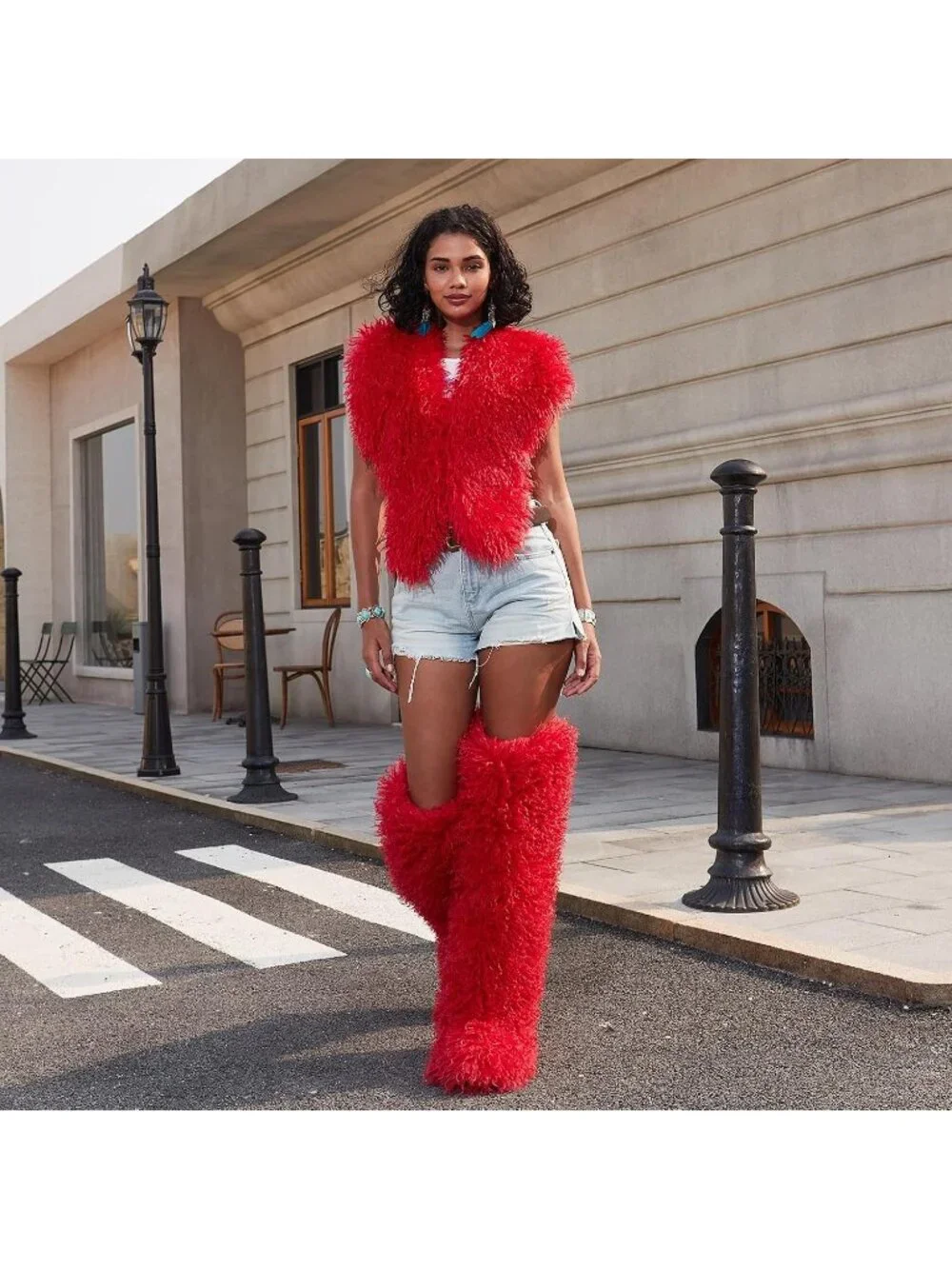 Women's Hot Red Shaggy Faux Furry Fuzzy Fluffy Flat Knee-High Slouchy Snow Boot